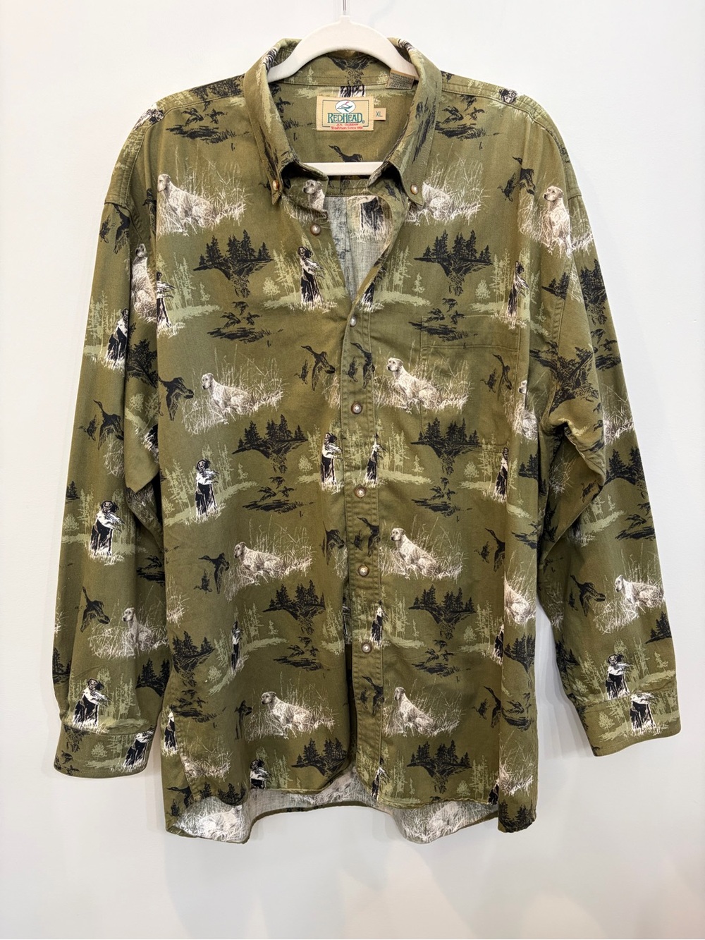 RedHead Green Duck Lab Dog Print Cotton Button Down Long Sleeve Shirt Size XL